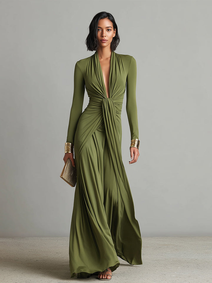 Olive Green Long Dress in Stretch Silk with Deep V-Neck and Ruffled Details, Glamour Maxi Dress