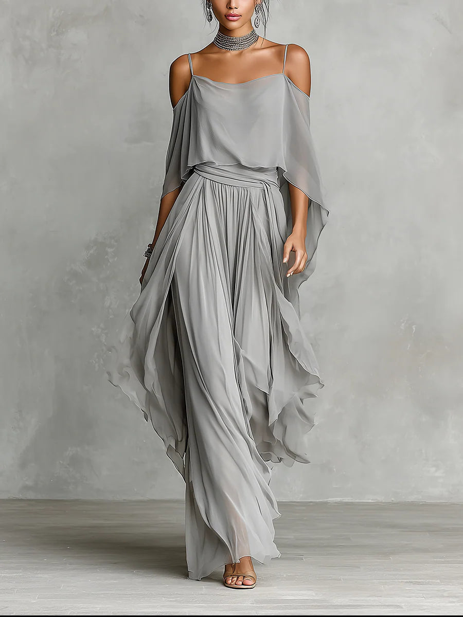 Isabella | Grey Flowing Top & Chiffon Trousers Set • S1