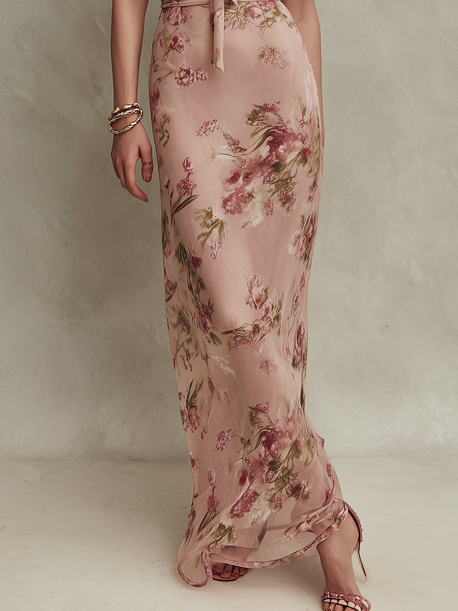 Lia - Elegant Floral Print Chiffon Maxi Dress with Keyhole Neckline