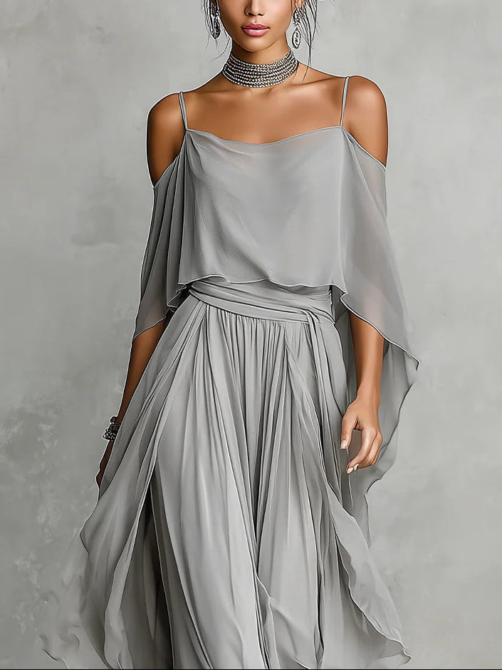 Isabella | Grey Flowing Top & Chiffon Trousers Set • S1