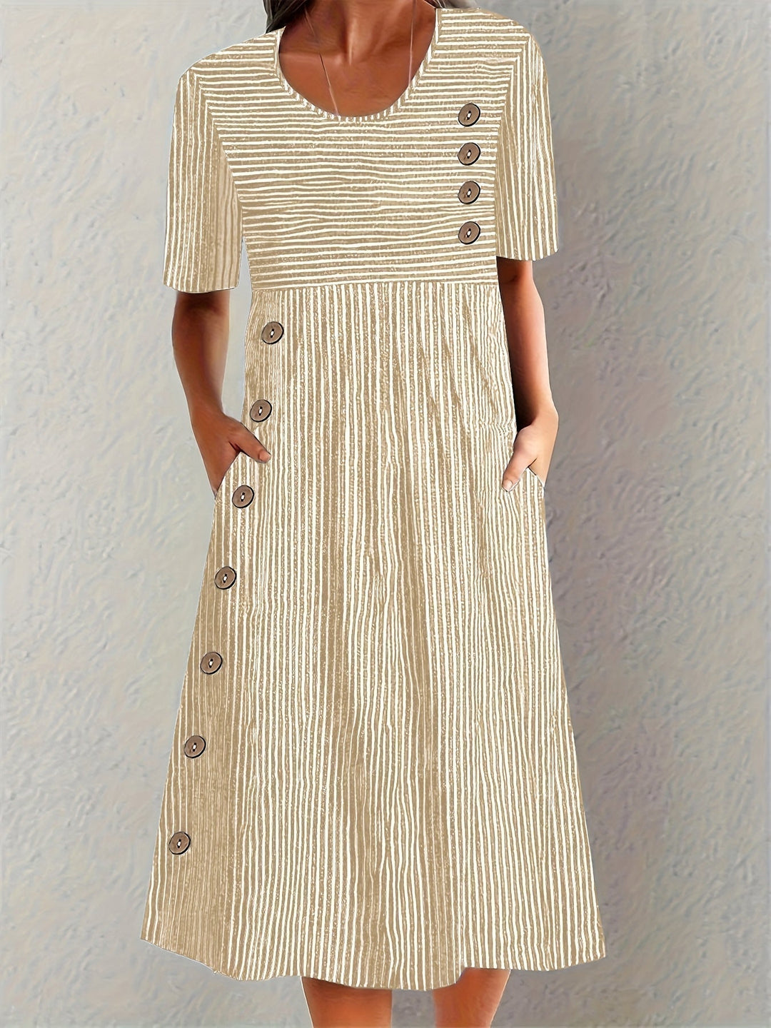 Hazel | Striped Midi Dress with Button Detail and Side Pockets