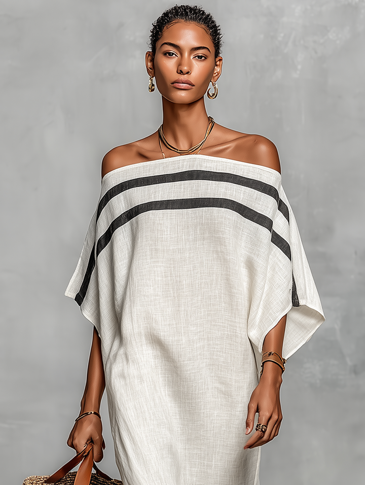 Minimalist Maxi Dress for Women with Off-the-Shoulder Neckline and Batwing Sleeves