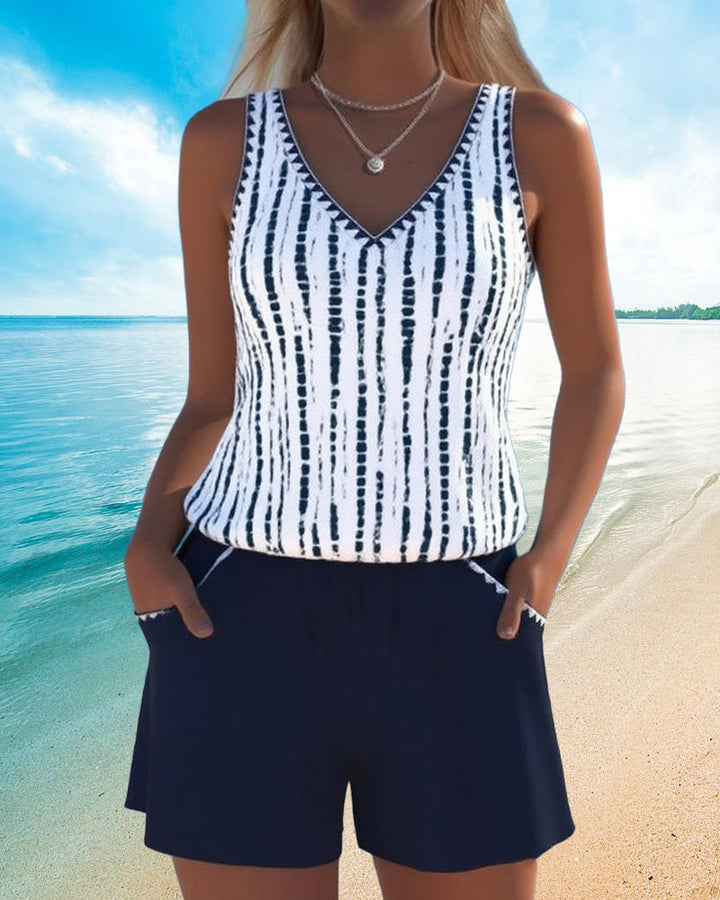 Mia | Casual Two Piece Printed V-Neck Swimsuit with Pockets