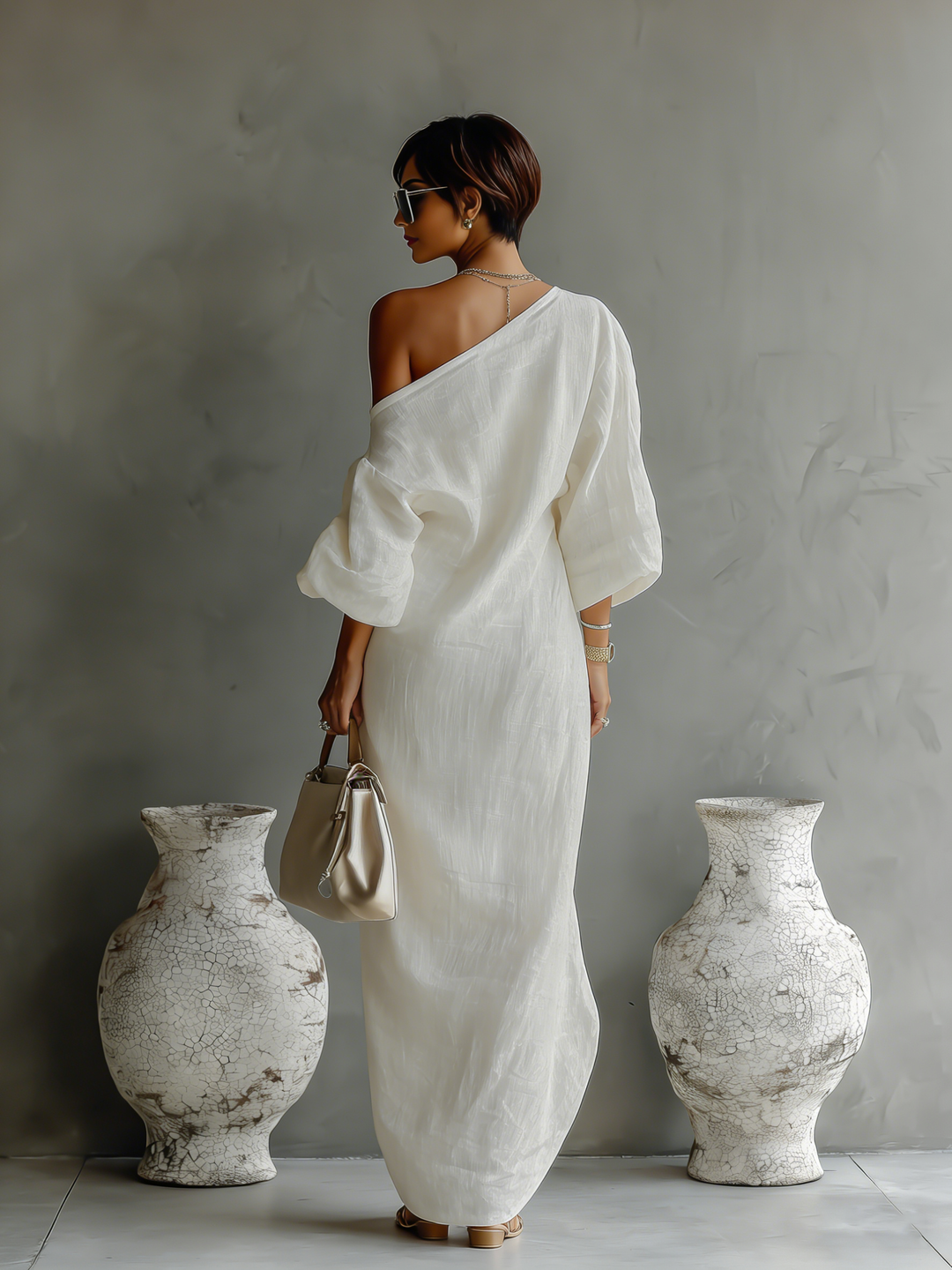Elegant Flowing Dress in Ivory White with Off-Shoulder