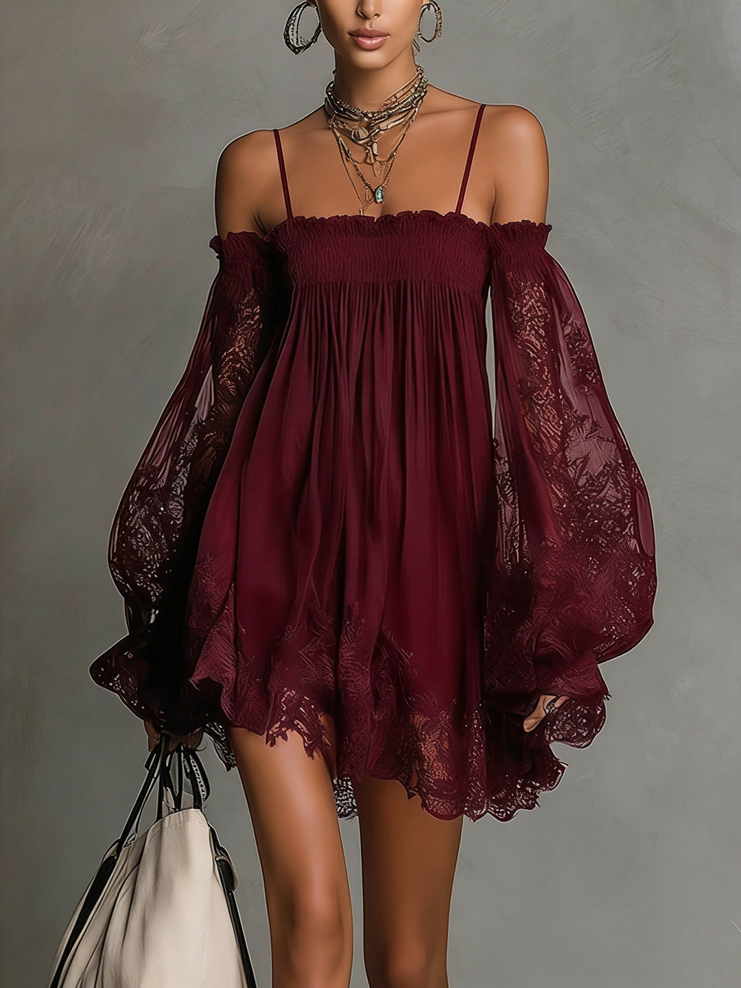 Noemi | Mini dress in navy blue chiffon with off-the-shoulder neckline, lace trim, and sheer sleeves