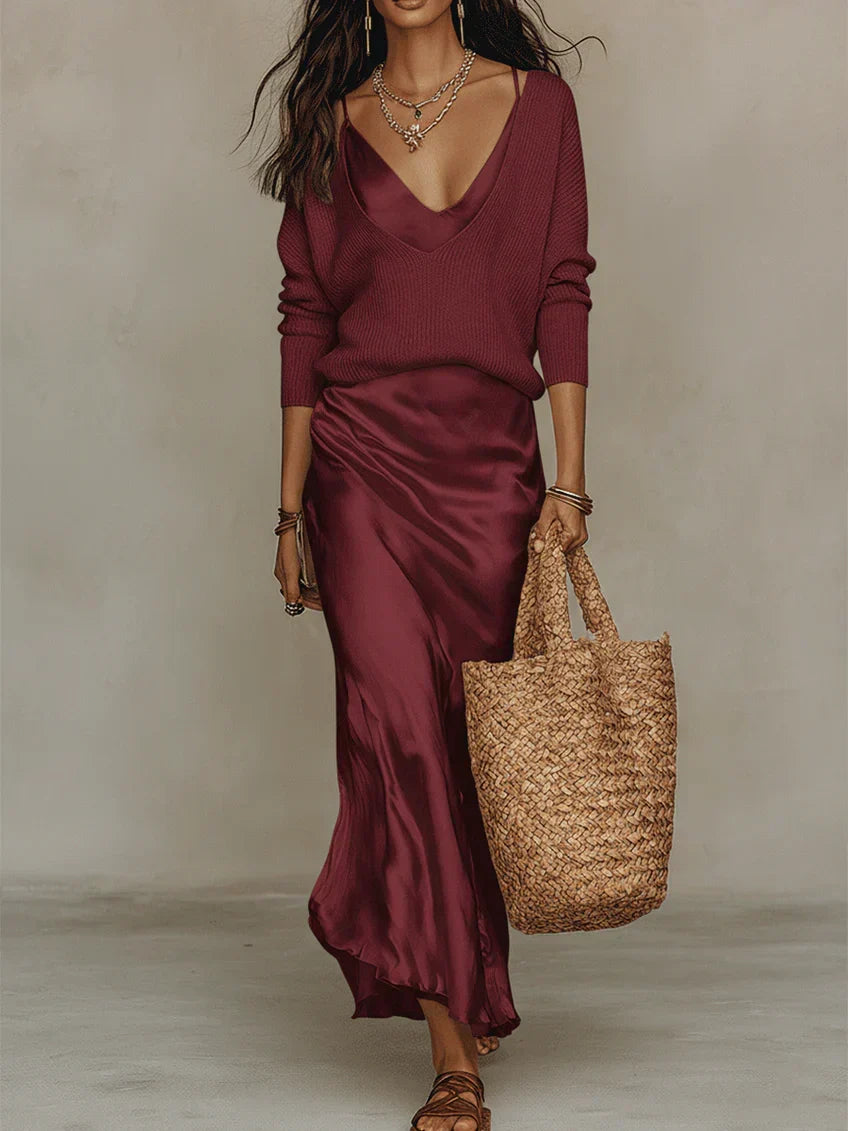 Elena | Midi Satin Dress with Included Sweater