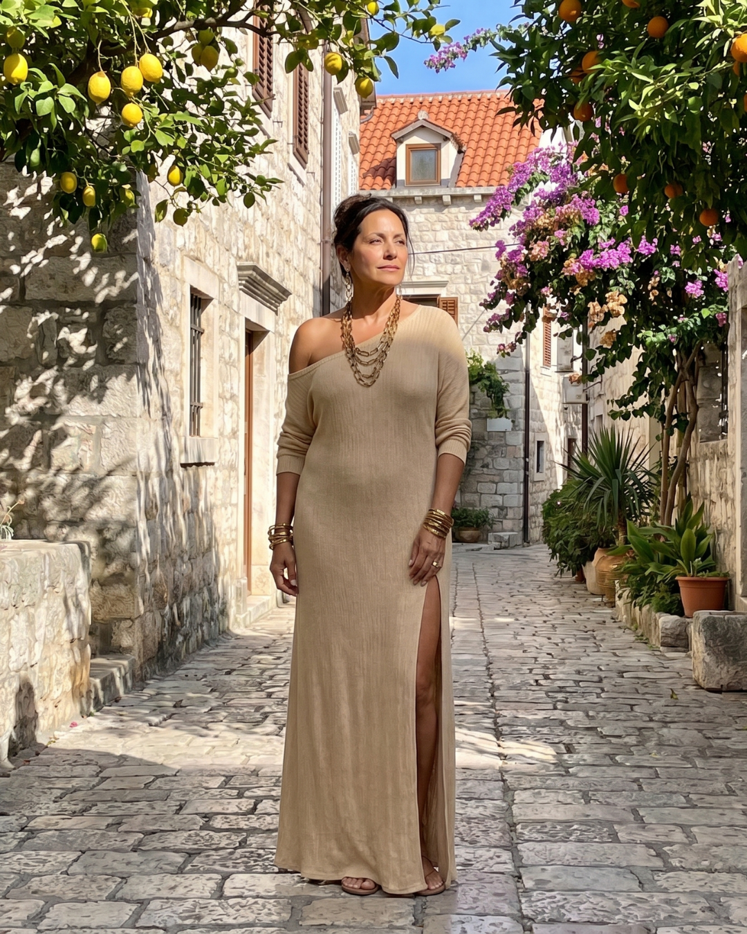Asterelle | One Shoulder Side Slit Flowing Midi Dress