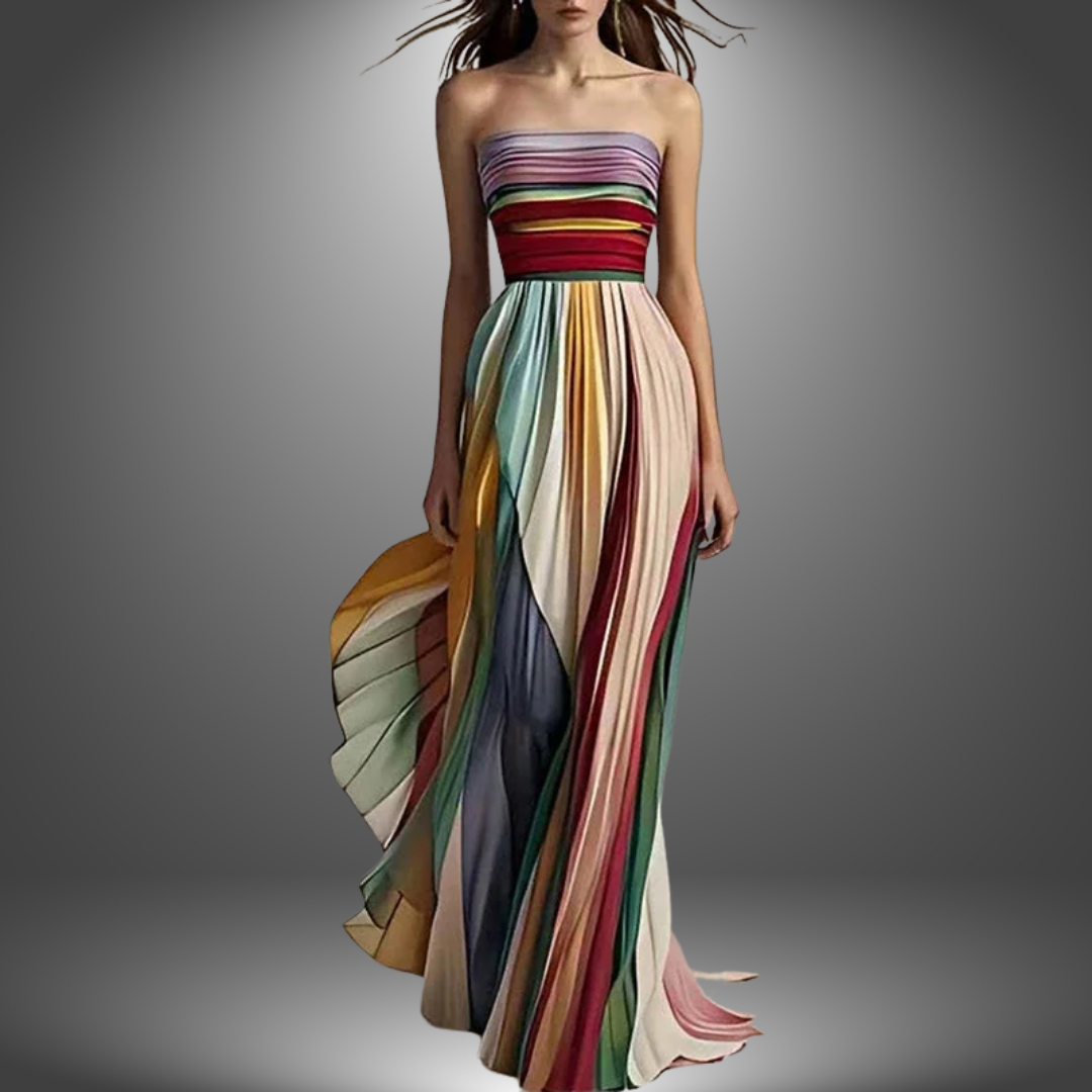 Nova | Strapless Maxi Dress with Multicolor Stripe and Pleated Skirt