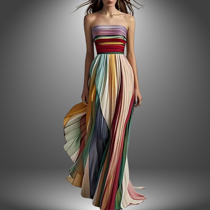 Nova | Strapless Maxi Dress with Multicolor Stripe and Pleated Skirt