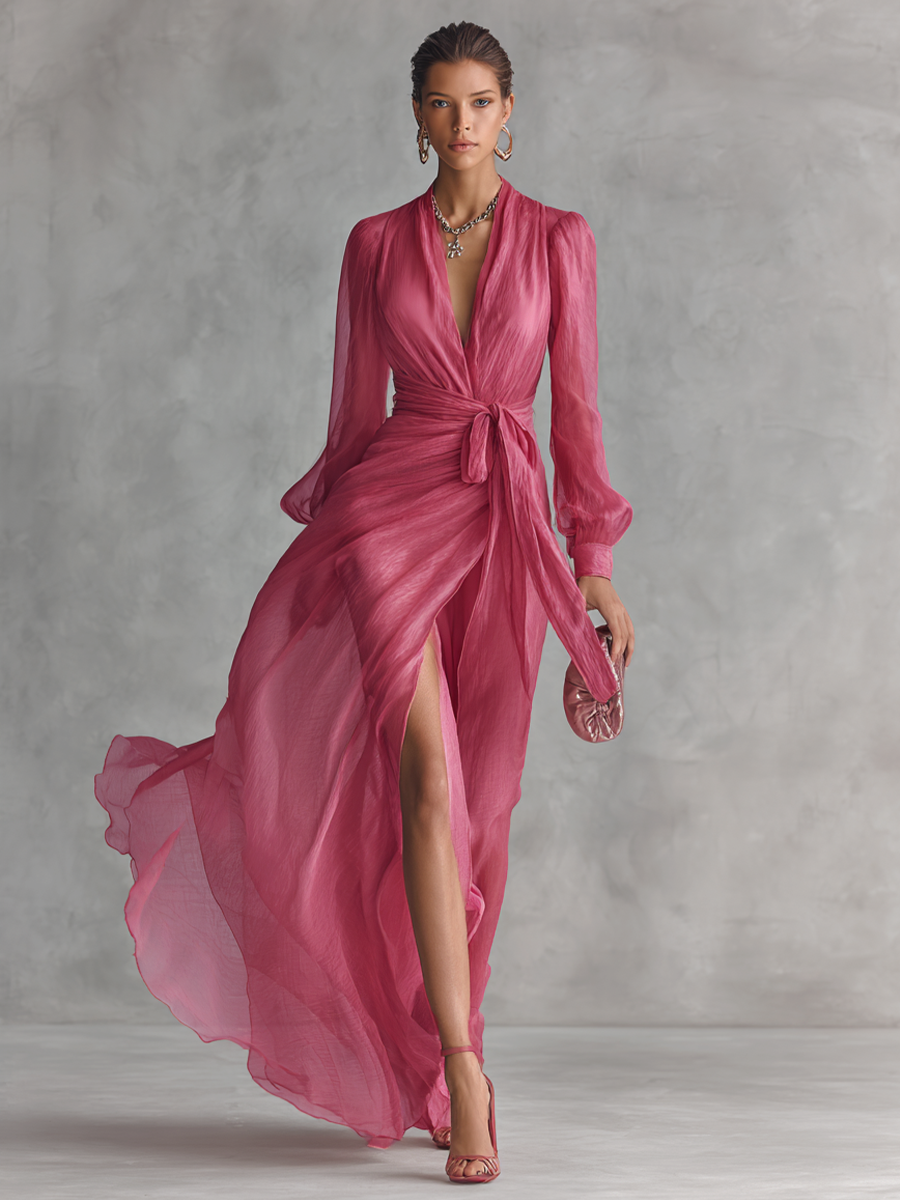 Elegant long pink chiffon dress with pearls and V-neck for women