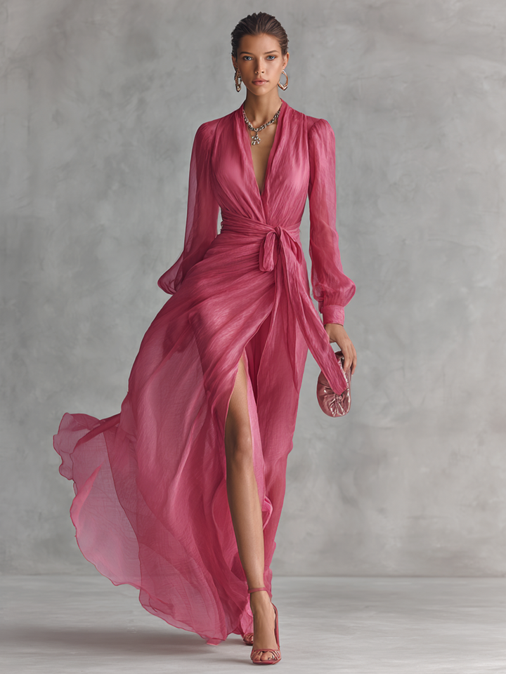 Elegant long pink chiffon dress with pearls and V-neck for women