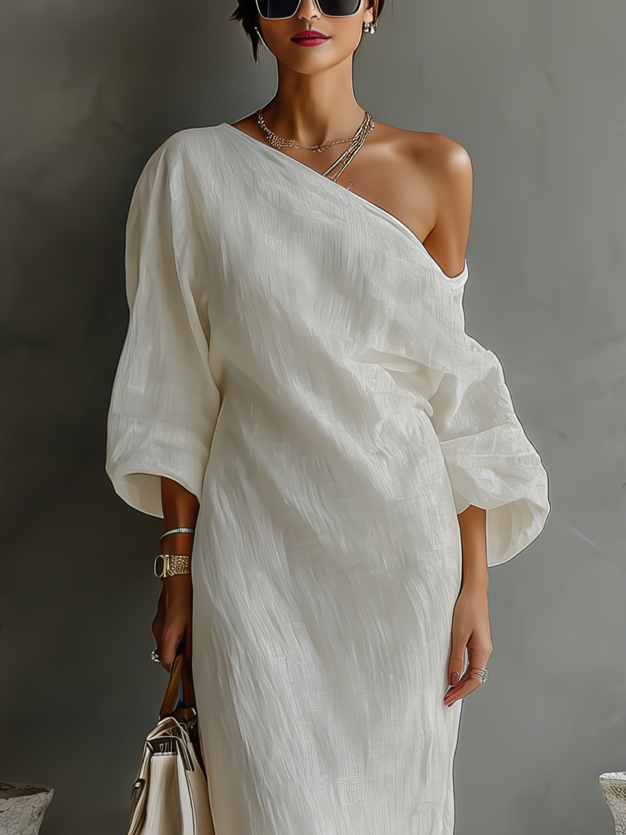 Elegant Flowing Dress in Ivory White with Off-Shoulder