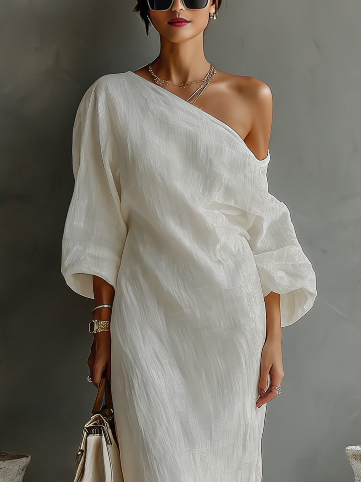 Elegant Flowing Dress in Ivory White with Off-Shoulder