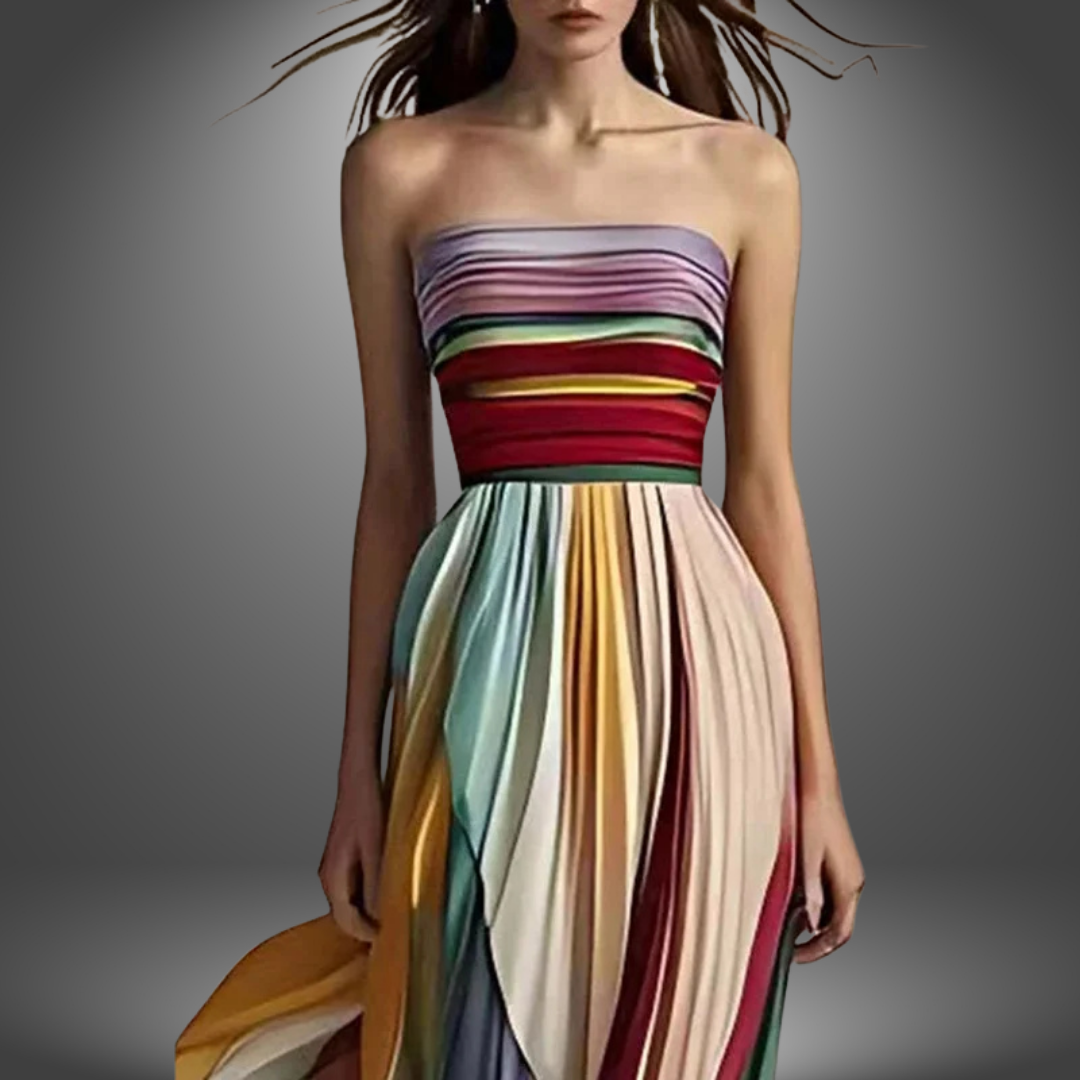 Nova | Strapless Maxi Dress with Multicolor Stripe and Pleated Skirt