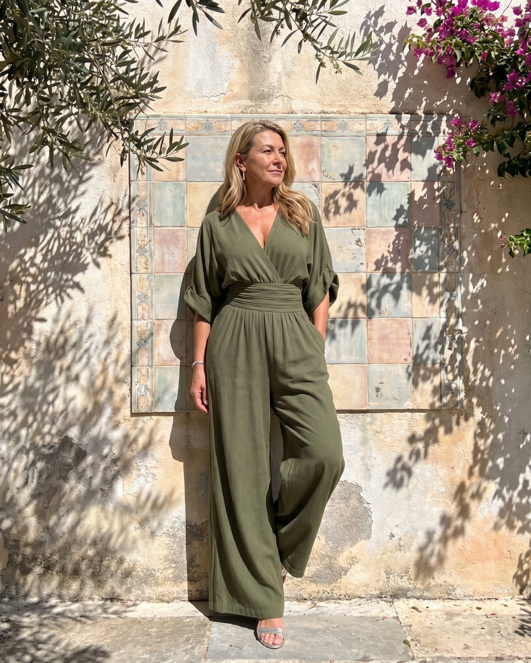 Emene | Draped V Neck Wide Leg Relaxed Jumpsuit