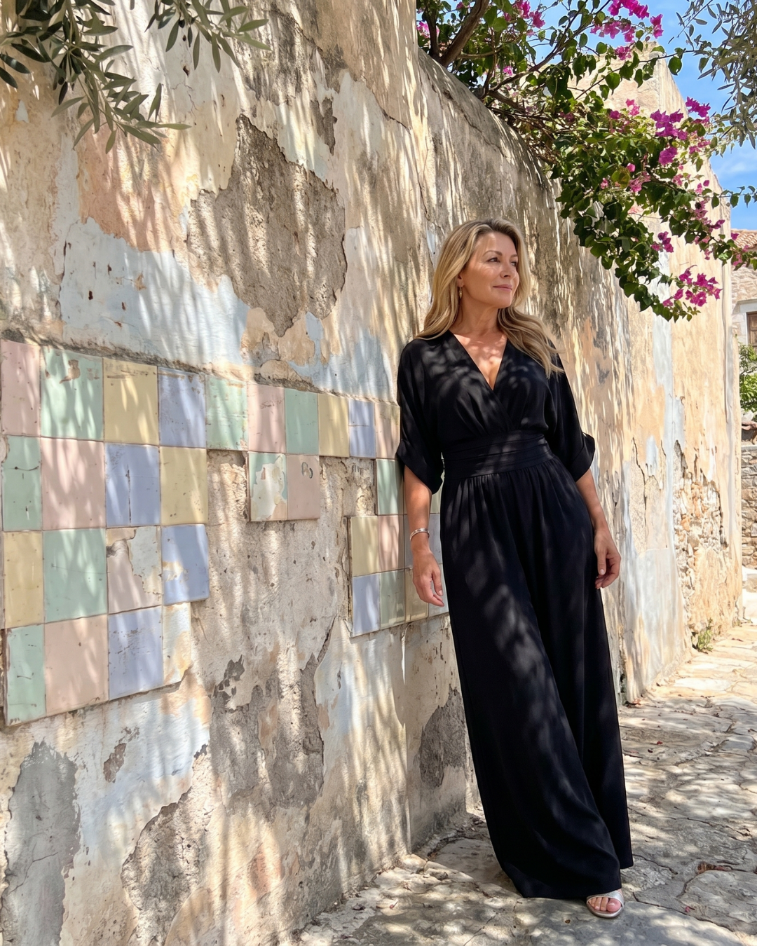 Emene | Draped V Neck Wide Leg Relaxed Jumpsuit