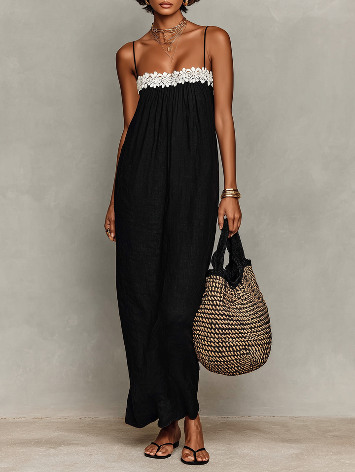 Women's Minimalist Lace-Paneled Strapless With Spaghetti Straps Maxi Dress