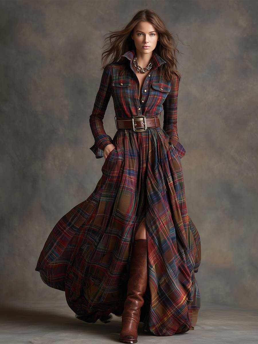 Scarlett | Plaid Maxi Shirt Dress Long Sleeve Belted Dress