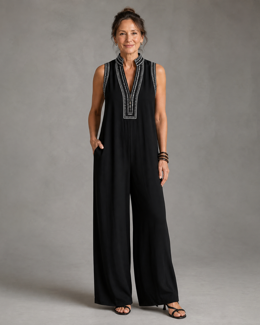 Velmira | Embroidered V Neck Sleeveless Wide Leg Jumpsuit