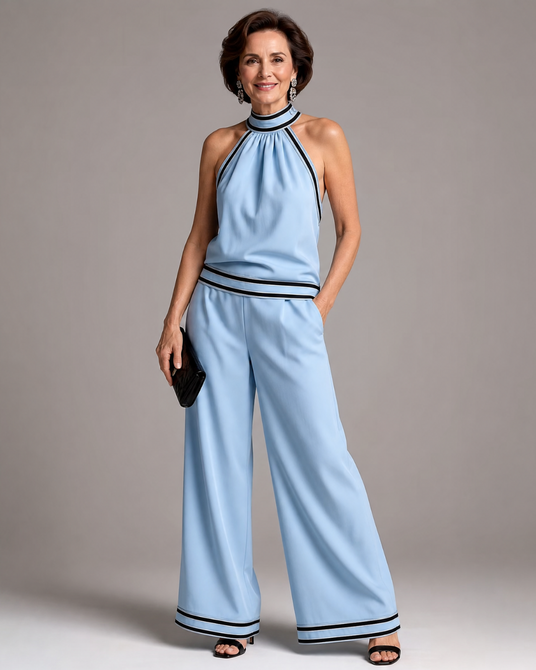 Zephyrine | Contrast Trim Halter Neck Wide Leg Jumpsuit