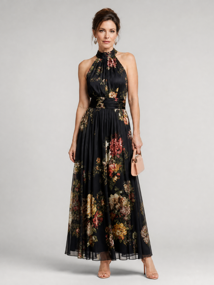 Sienne | Robe Midi Fleurie à Col Licou