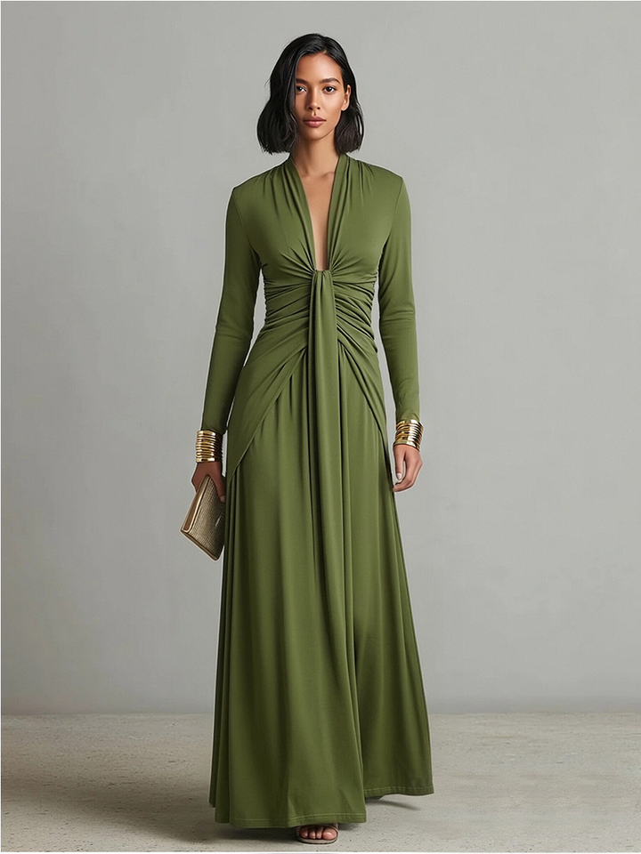 Olive Green Long Dress in Stretch Silk with Deep V-Neck and Ruffled Details, Glamour Maxi Dress