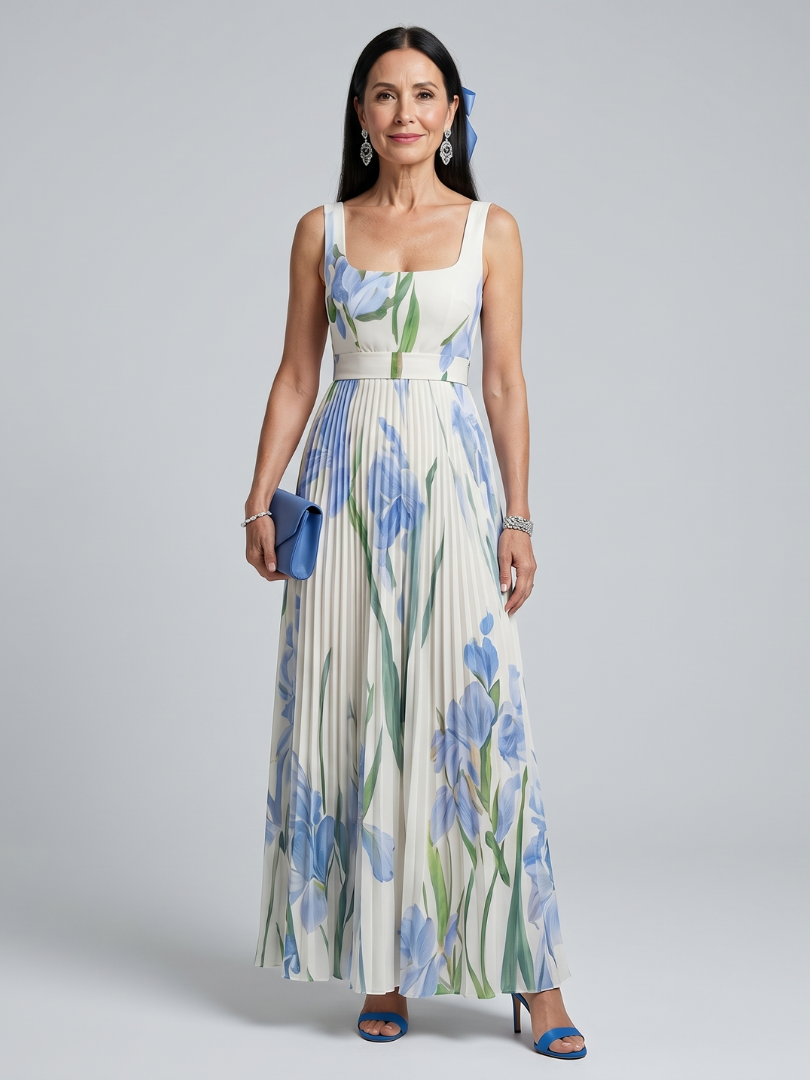 Ophelia | Sleeveless Square Neck Floral Print Midi Dress