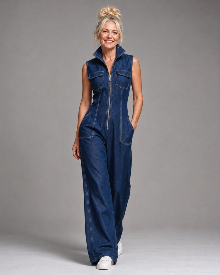 Samantha | Zip Front Sleeveless Denim Wide Leg Jumpsuit