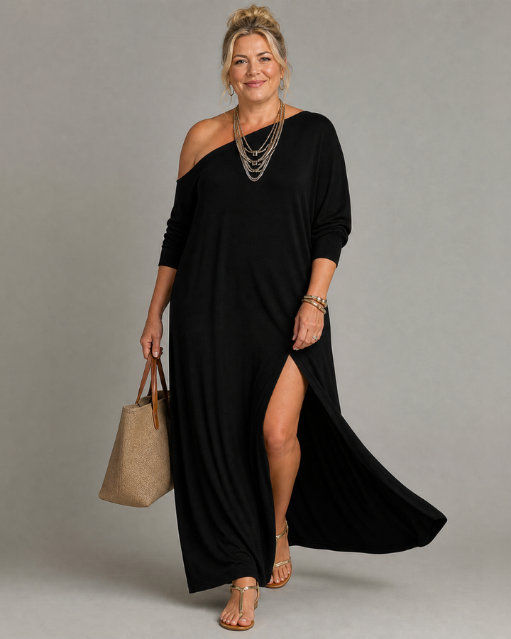Asterelle | One Shoulder Side Slit Flowing Midi Dress