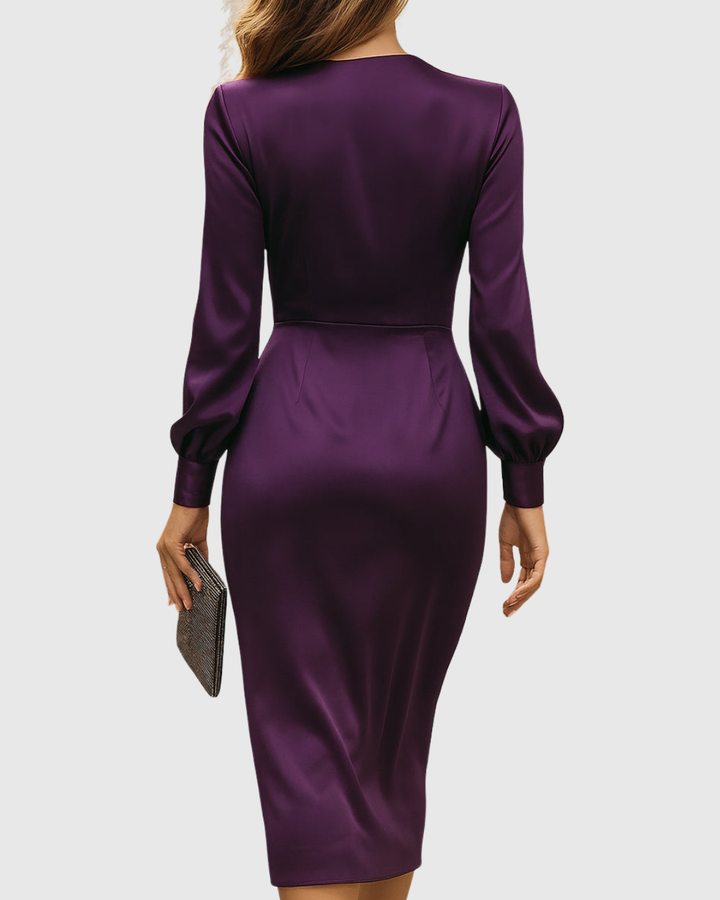 Cerelia - Deep Plum Satin Wrap Midi Dress