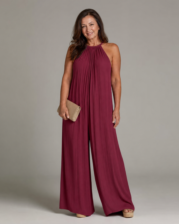 Sylvara | Pleated Halter Neck Wide Leg Relaxed Jumpsuit