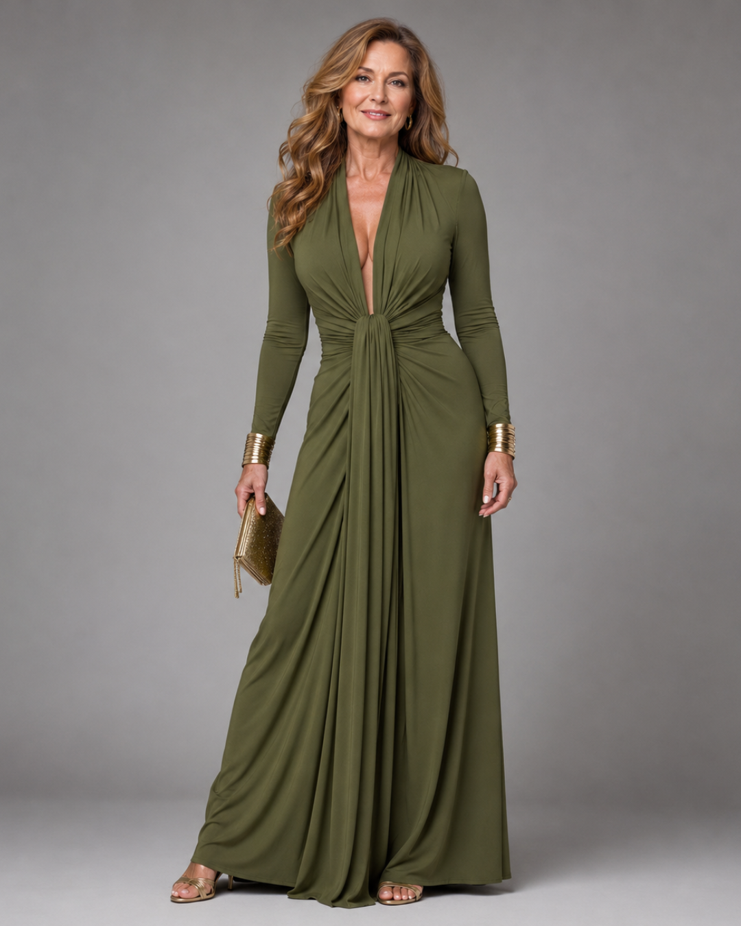 Vimmer | Draped Deep V Neck Long Sleeve Maxi Dress