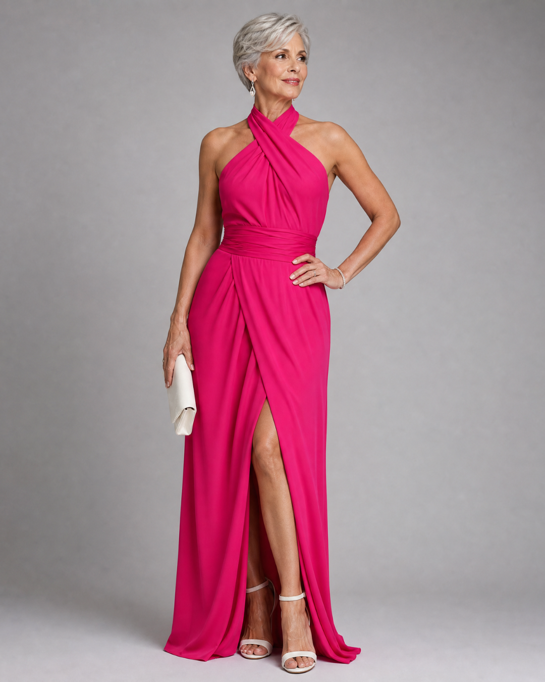 Vaelora | Cross Halter Draped Side Slit Midi Dress