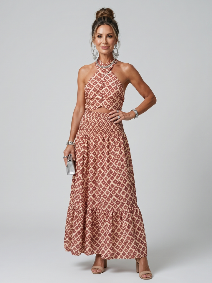 Amira | Cross Halter Geometric Print Cutout Midi Dress