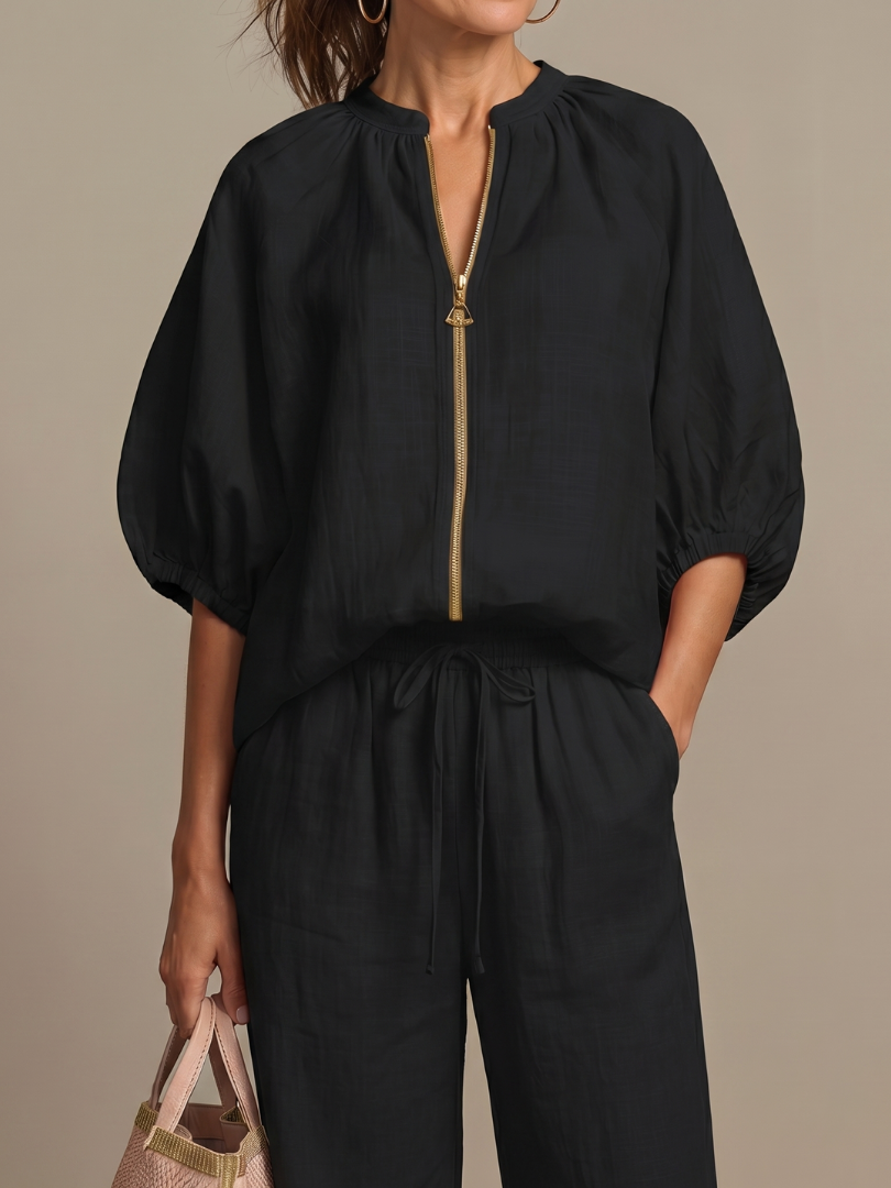 Natalia | Top Blouson with Zip and Wide Leg Pants