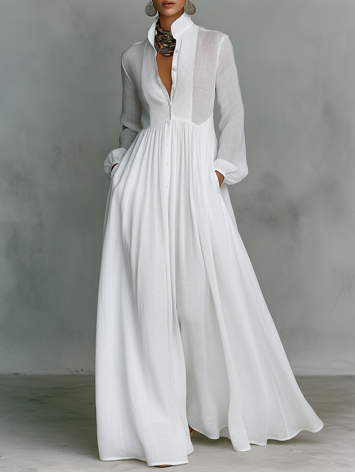 Elisa - Maxi Minimalist Dress with Patchwork, High Collar and Long Sleeves