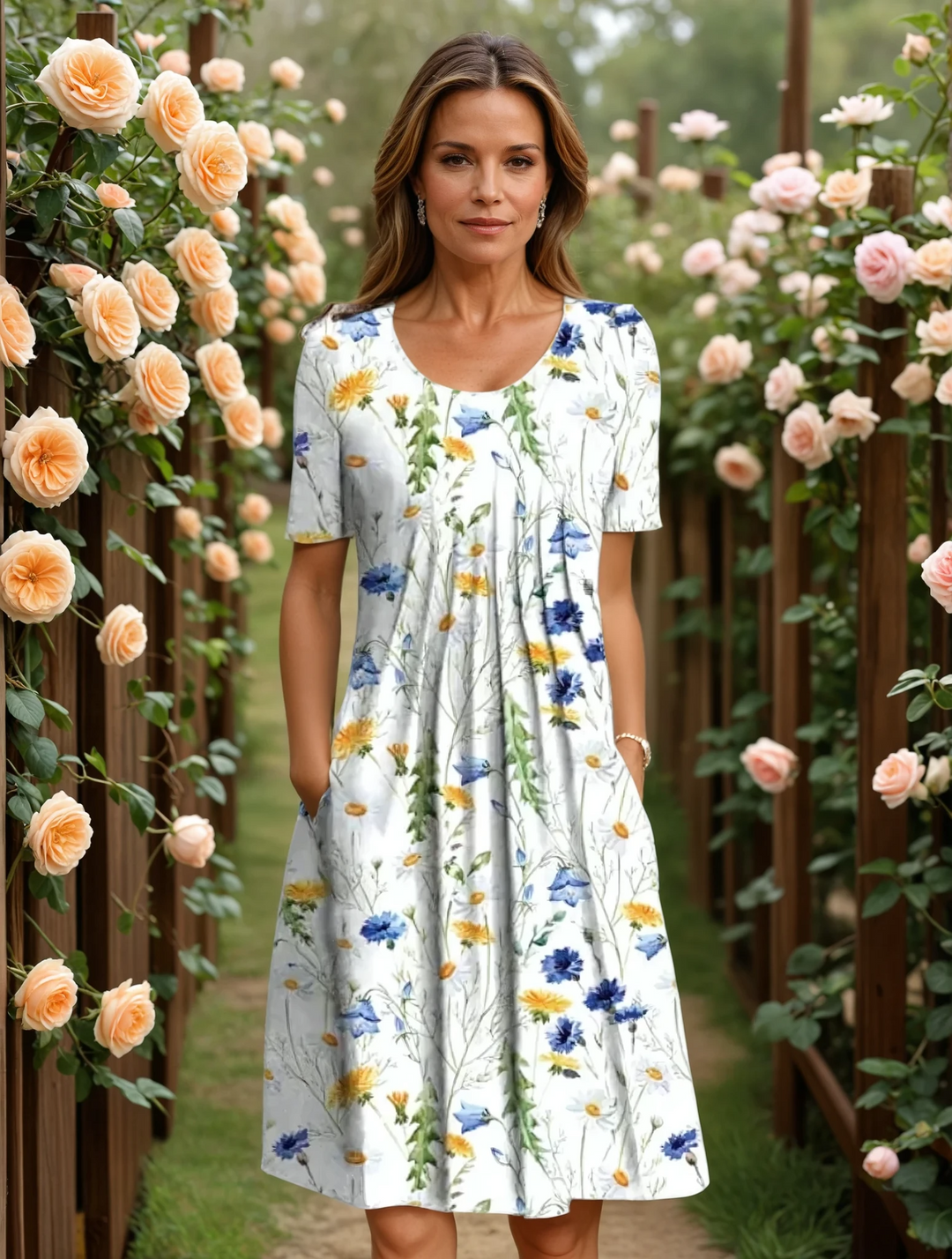 Willow | Floral Midi Dress with Empire Waist and Side Pockets