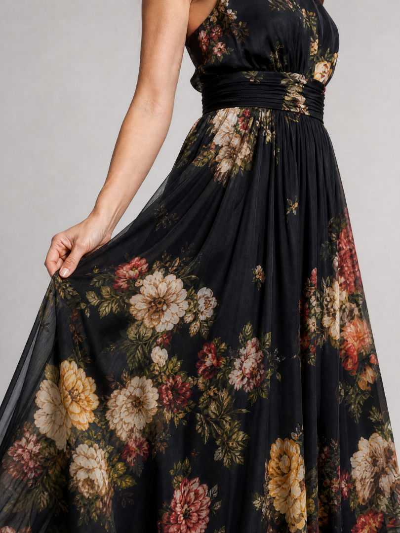 Sienne | Robe Midi Fleurie à Col Licou