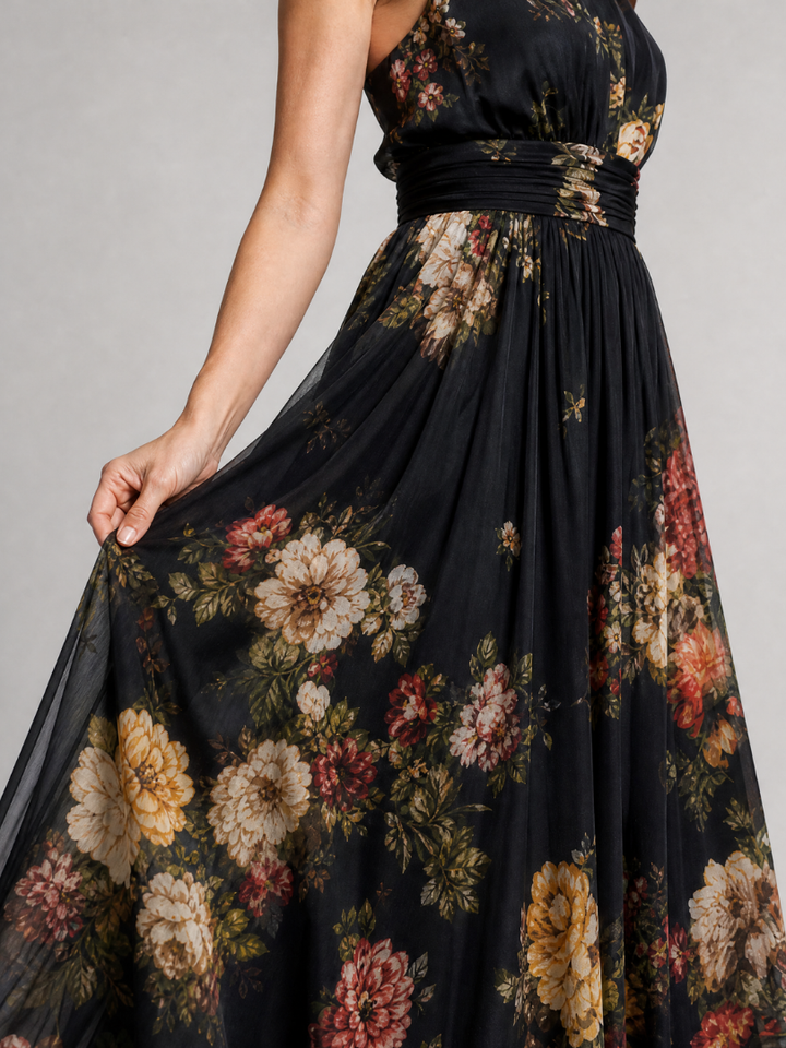 Sienne | Robe Midi Fleurie à Col Licou