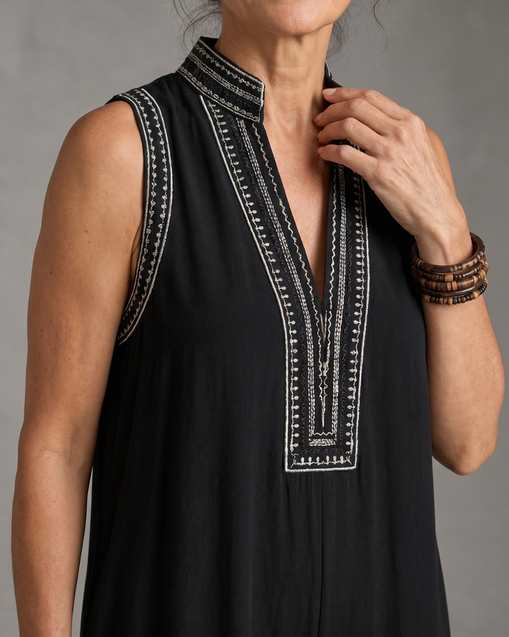 Velmira | Embroidered V Neck Sleeveless Wide Leg Jumpsuit