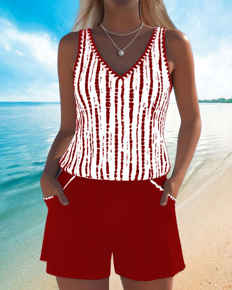Mia | Casual Two Piece Printed V-Neck Swimsuit with Pockets