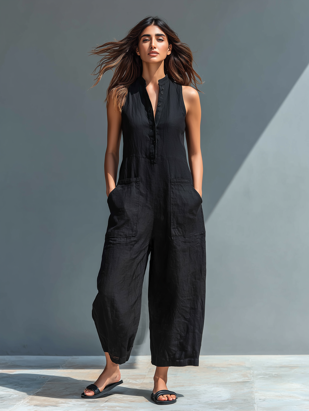 Vittoria | Minimalist Black Linen Jumpsuit