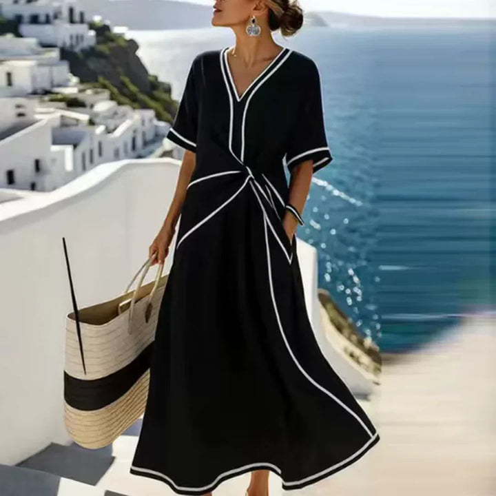 Aurora | V-Neck Maxi Dress with Twisted Waist and Contrast Trim