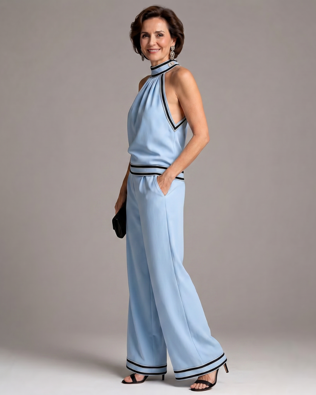 Zephyrine | Contrast Trim Halter Neck Wide Leg Jumpsuit