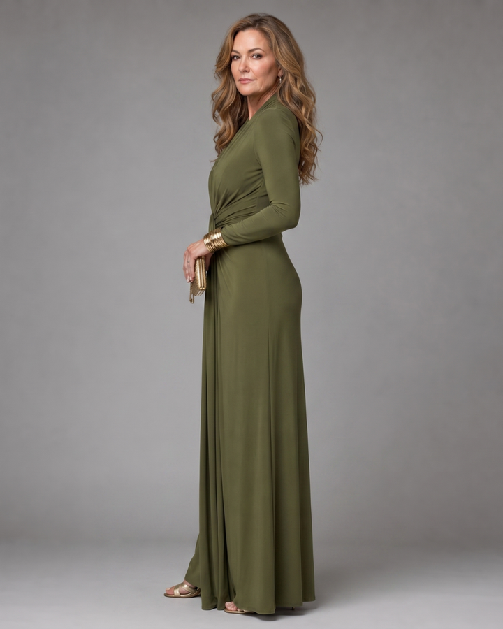 Vimmer | Draped Deep V Neck Long Sleeve Maxi Dress