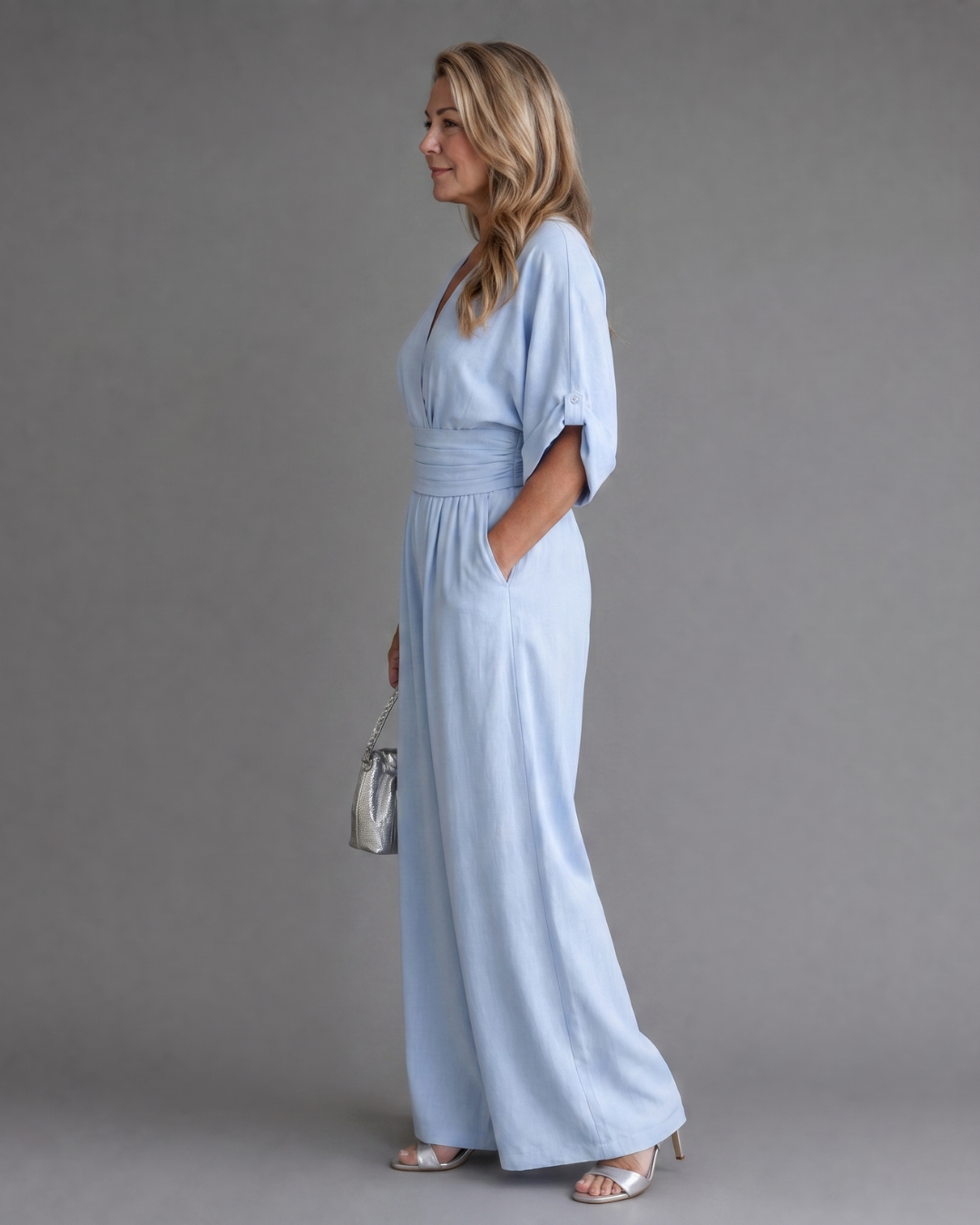 Emene | Draped V Neck Wide Leg Relaxed Jumpsuit