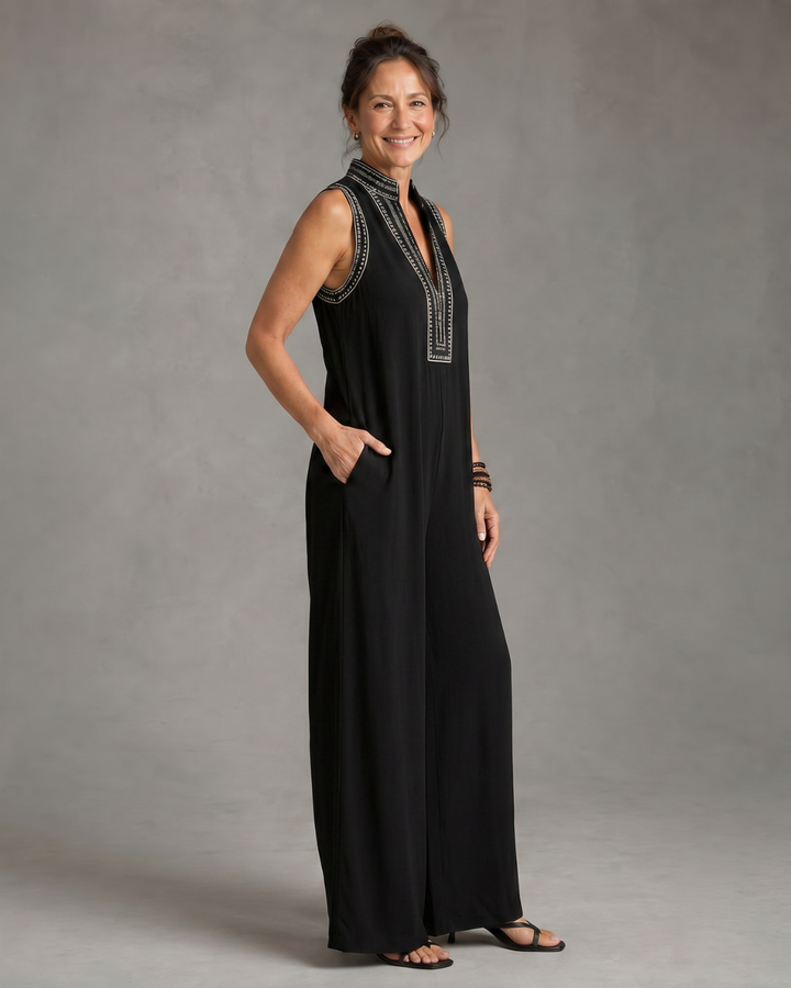 Velmira | Embroidered V Neck Sleeveless Wide Leg Jumpsuit