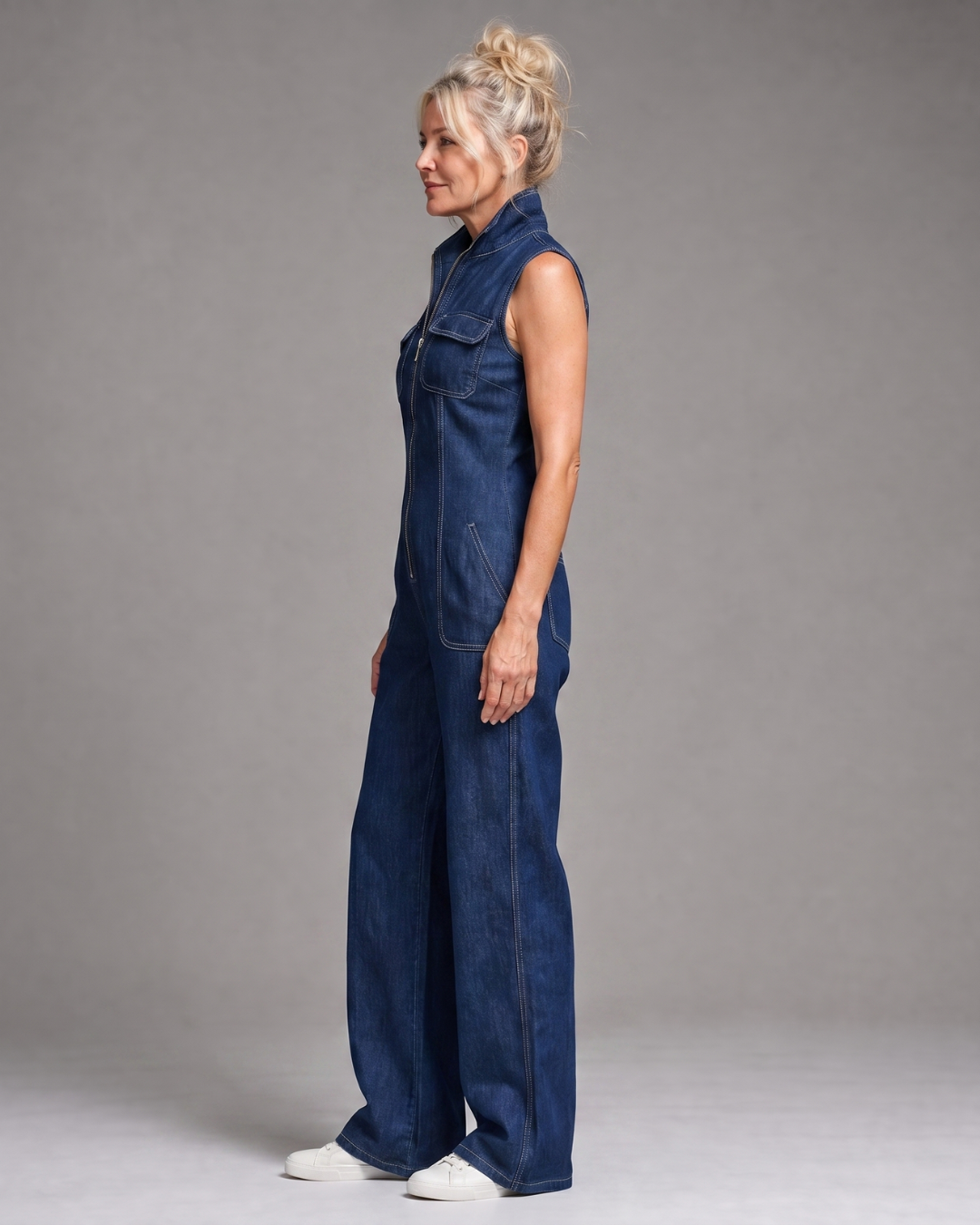 Samantha | Zip Front Sleeveless Denim Wide Leg Jumpsuit
