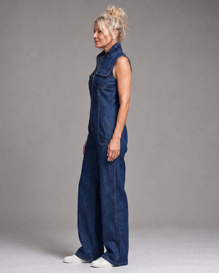Samantha | Zip Front Sleeveless Denim Wide Leg Jumpsuit