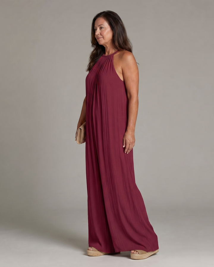 Sylvara | Pleated Halter Neck Wide Leg Relaxed Jumpsuit
